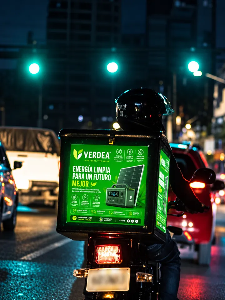 Caja iluminada con el anuncio de una marca de energía solar, en un semáforo de noche