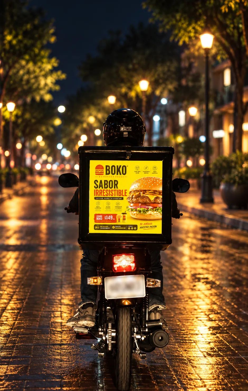 Caja iluminada con el anuncio de una hamburguesa, en una moto sobre una calle mojada de noche