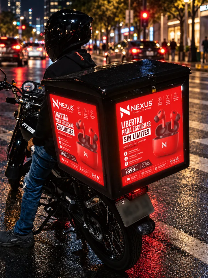 Caja iluminada con el anuncio de unos audífonos, en una calle de noche