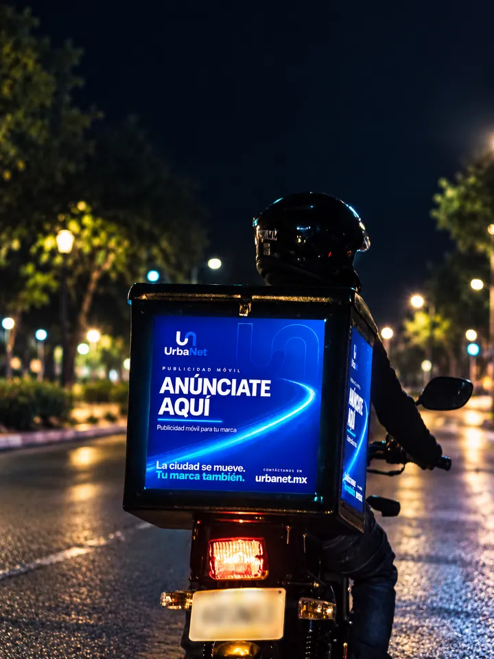 Caja iluminada de Urbanet con el mensaje Anúnciate aquí
