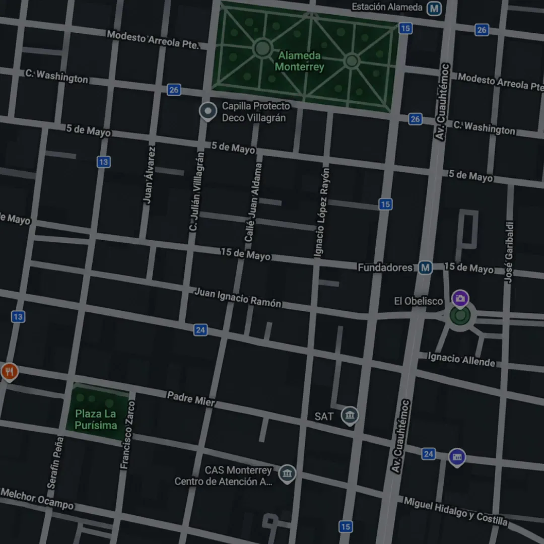 Mapa con el recorrido de una caja Urbanet por el centro de Monterrey, registrado por GPS